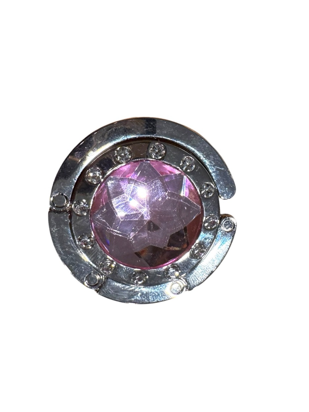 Pink Crystal Folding Handbag Hook - Polished Silver Accent